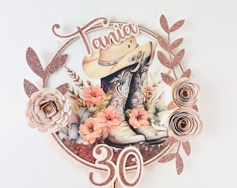 COWGIRL 30th CHIC CAKE Topper Rose Gold 30th Birthday Cake Decoration Cowgirl Boots and Hat Cake Topper Western Party 30th Birthday