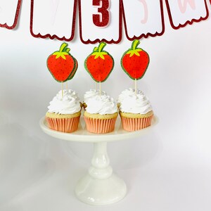 STRAWBERRY CUPCAKE TOPPERS Berry Sweet To Be 3 Strawberry Birthday Decorations Fruit Birthday Strawberry Party Theme Red Strawberry