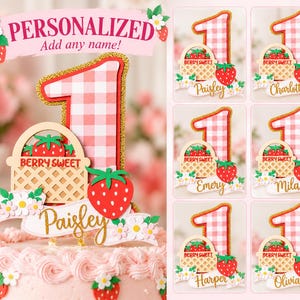Personalized strawberry cake topper name examples including Paisley, Charlotte, Emery and Mila, add any name