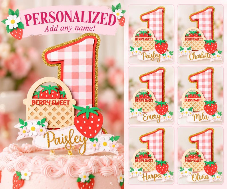Personalized strawberry cake topper name examples including Paisley, Charlotte, Emery and Mila, add any name