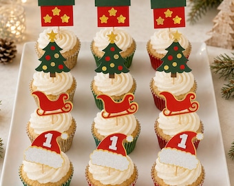 Christmas First Birthday Cupcake Toppers Merry One Santa Holiday Party Decorations Set of Twelve