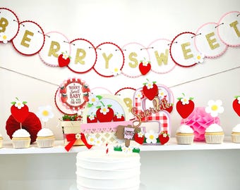 Pacchetto per baby shower Berry Sweet, decorazioni per baby shower alla fragola, articoli per feste alla fragola, decorazioni per baby shower per bambine, un bambino Berry Sweet è in arrivo