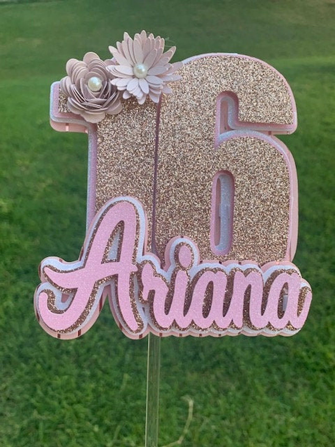 Topper Per Torta 16° Compleanno Ragazza - Rosa Glitterato Con Scritta Happy 16th Birthday + 8 Topper Per Cupcake - Decorazioni Festa - 2