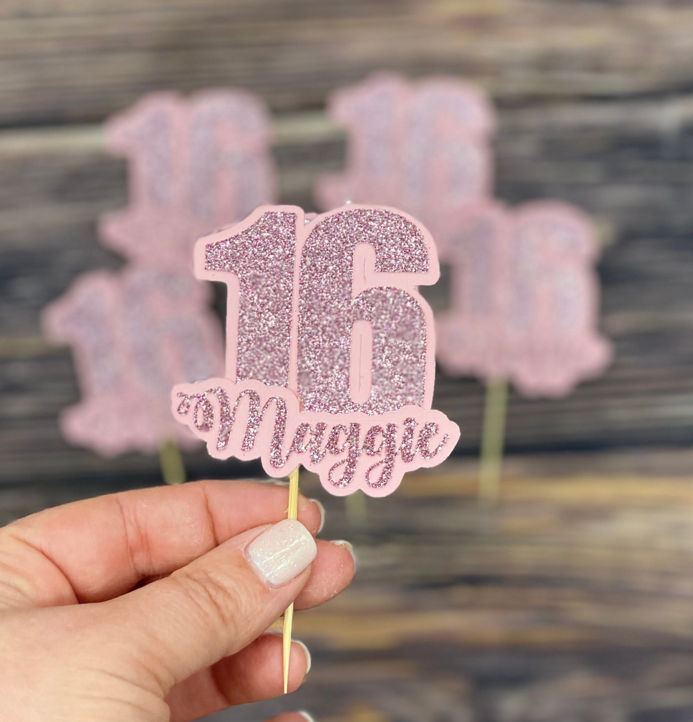 Topper Per Torta 16° Compleanno Ragazza - Rosa Glitterato Con Scritta Happy 16th Birthday + 8 Topper Per Cupcake - Decorazioni Festa - 5