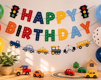 Transportation Birthday Banner Boy Birthday Party Decor Car Train Airplane Banner