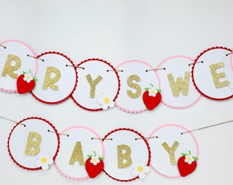 Berry Sweet Baby Shower Banner Strawberry Baby Shower Decor Girl Baby Shower Decoration Fruit Theme Party Sign Pink Red Baby Shower Banner