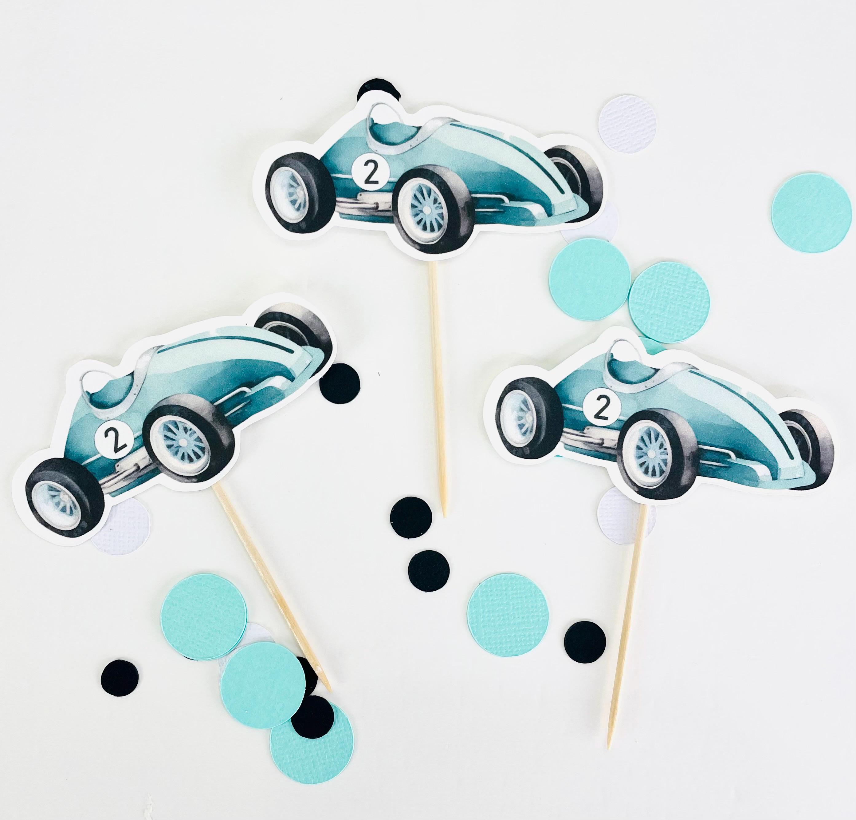 1 pz auto da corsa Happy Birthday Cake Topper Glitter Semaforo Trofeo Bandiera Casco Auto da corsa Picks per Let's Go Racing Tema Baby Shower Ragazzi