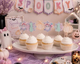 Spooky One Cupcake Toppers Pastel Halloween First Birthday Baby Girl Party Decor