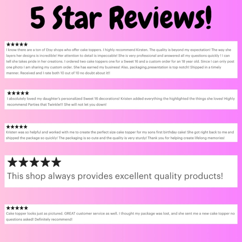 May include: Five star reviews for a shop that sells cake toppers. The reviews highlight the quality of the products, the customer service, and the speed of shipping. The shop is called "Parties that Twinkle".