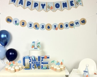 Under Sea First Birthday Decorations Ocean Theme Party Decor Banner Cake Topper Set