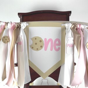 Pink milk and cookies highchair banner for first birthday party decor