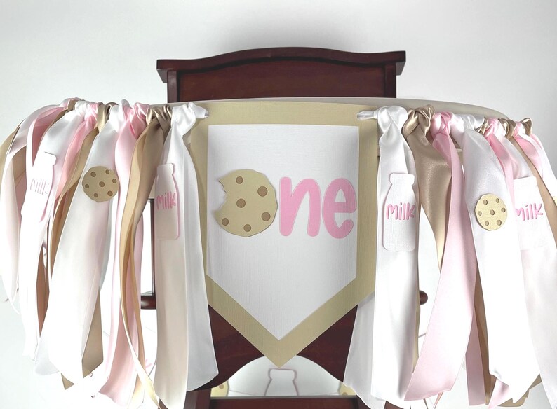 Pink milk and cookies highchair banner for first birthday party decor