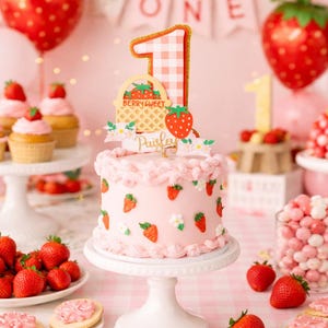 Berry Sweet One first birthday dessert table with strawberry cake topper on a pink cake, strawberry balloons, cupcakes and ONE banner