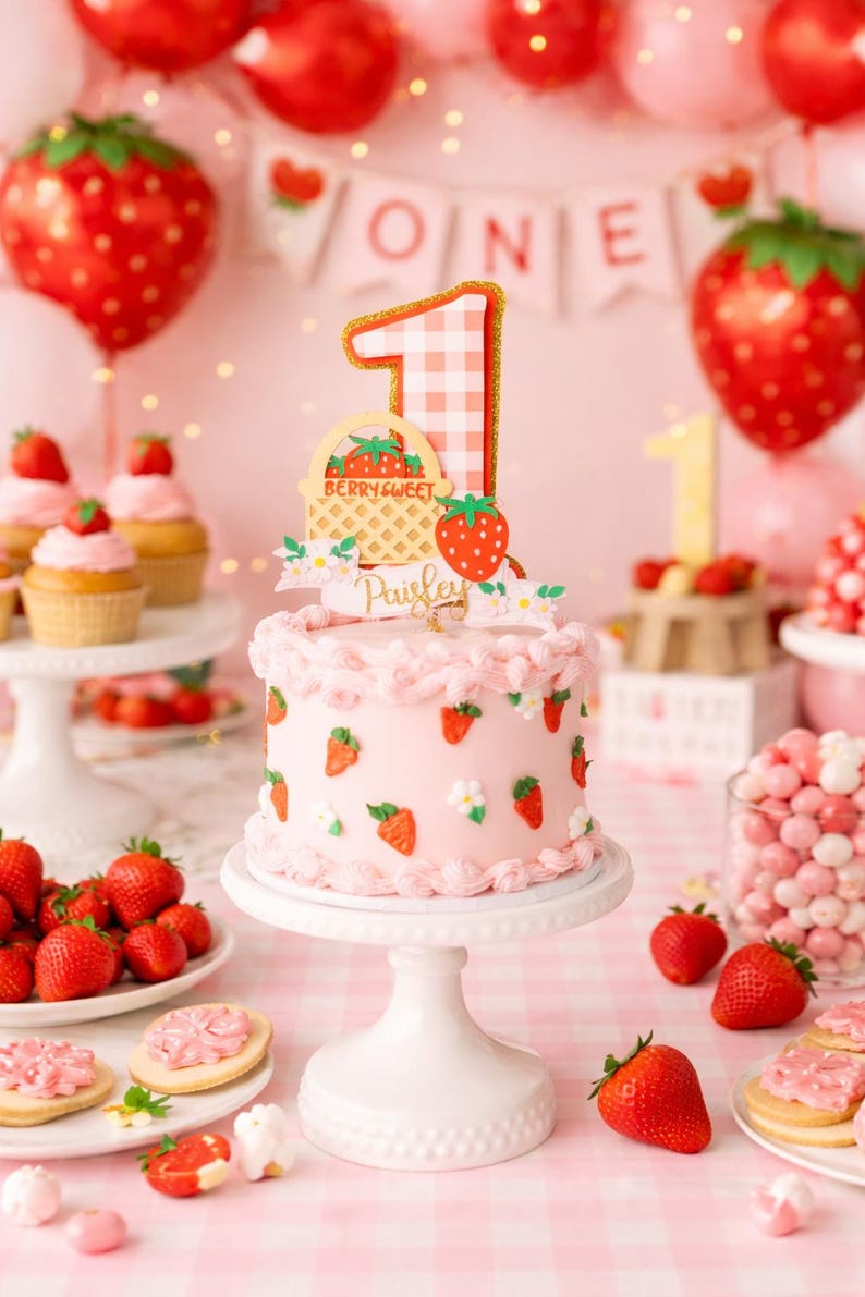 Berry Sweet One first birthday dessert table with strawberry cake topper on a pink cake, strawberry balloons, cupcakes and ONE banner
