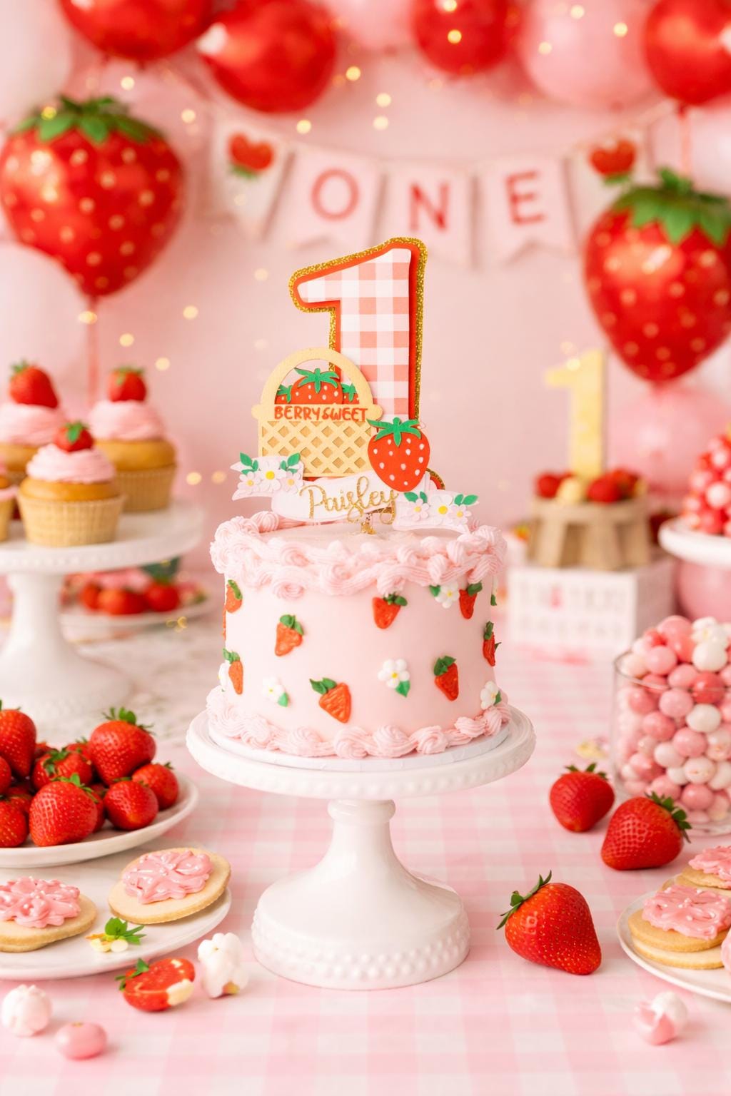 Strawberry Cake Topper Berry Sweet One First Birthday Cake Topper Girl ...
