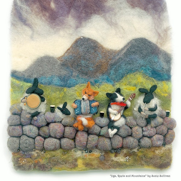 A3 print, printed poster, sheep dog, sheep, Irish music, whistle, banjo, accordion, bodhran, Croagh Patrick