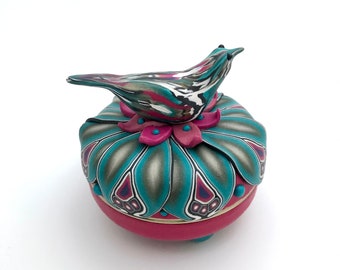 Polymer Clay Artisan Ring and Stud Holder, bird ring holder, trinket pot, trinket box