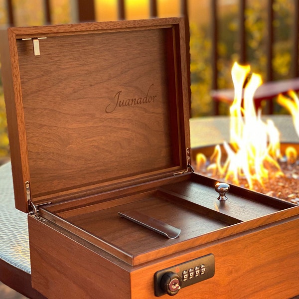 Juanador - Stash Box & Humidor - Hand Crafted Wooden Stash Box - Humidity Jars and Combination Lock - 4 Strain Case