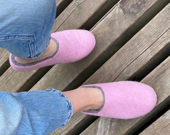 Bright Pink wool slippers, lady slippers, kids slippers, cute eco slippers, eco shoes