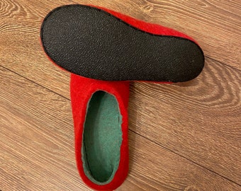 Red & Green Wool Clogs: Handmade Felted Slippers