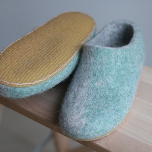 Split colours wool slippers, Mint and grey wet felted wool slippers, women home shoes, men slippers