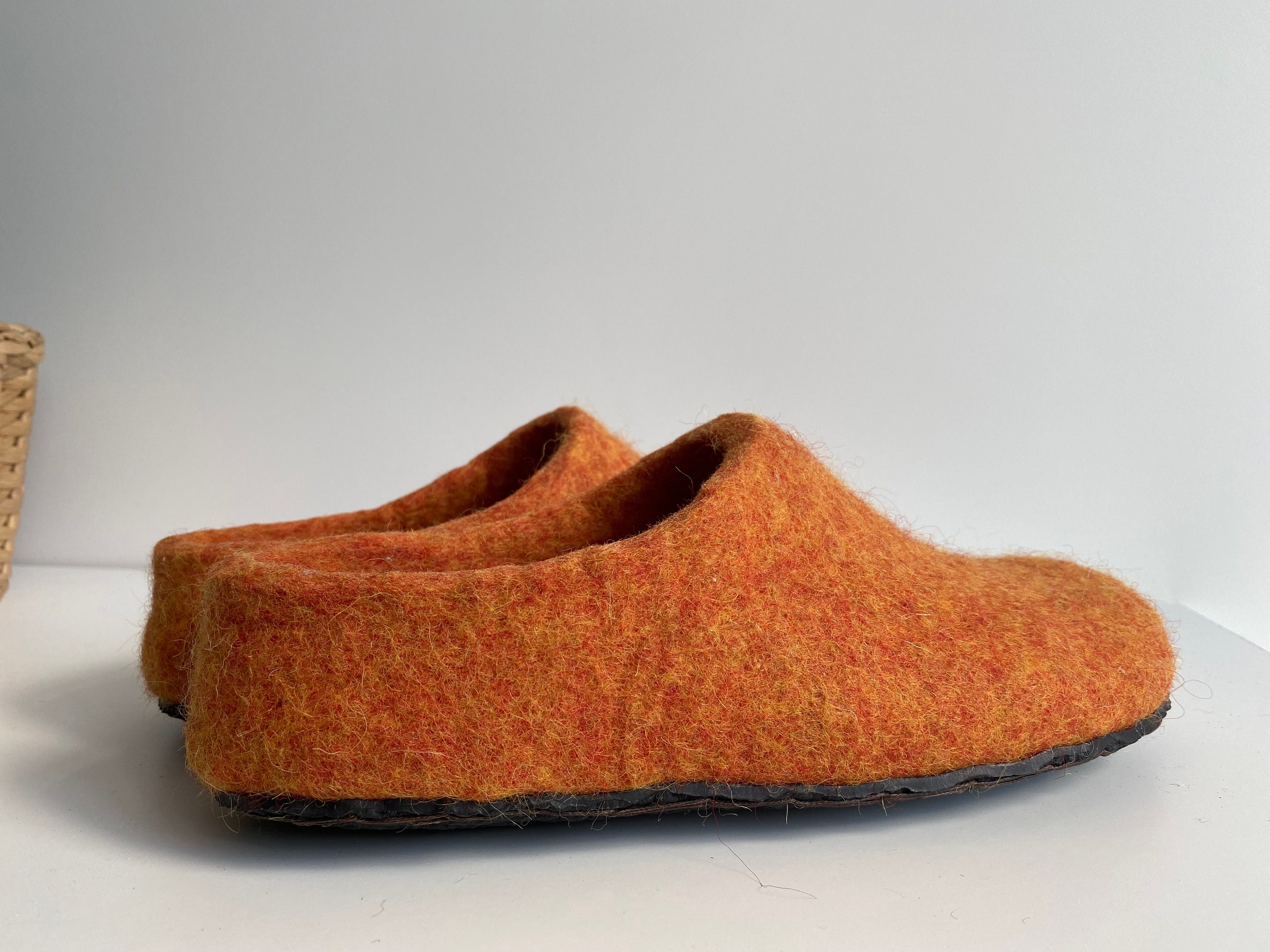 Handmade Felted Wool Slippers For Women - Beige With Orange Inner Layer, Non-Slip Sole, Warm Home Shoes