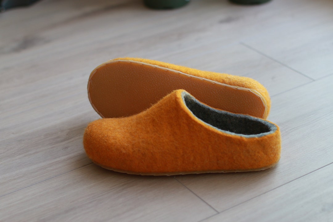 Felt Orange Wool Slippers / Custom Made / Lady Easy Slip on / Room ...
