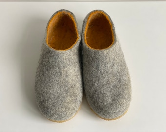 Natural Gray Wool Slippers: Handmade Hygge Clogs, No-Slip Shoes