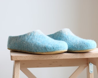 Wool Slippers: Light Blue Felted Mules, Women's Clogs