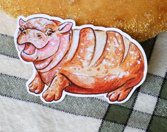 Cute Bread Roll Hippo Vinyl Sticker, Pygmy Hippo Decal for Water Bottle, Brotchen Berlin Zoo Sticker