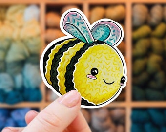 Amigurumi Bee Vinyl Sticker, Crochet Decal, Yarn Ball Sticker, Cute Knitting Sticker, Crochet Addict, Gift For Crocheter, Kawaii Sticker