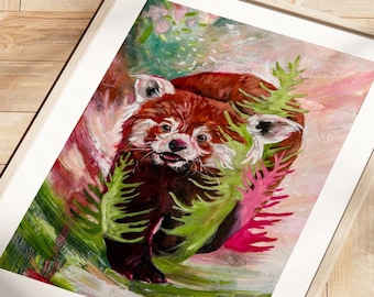 Lámina artística de panda rojo, pintura al óleo