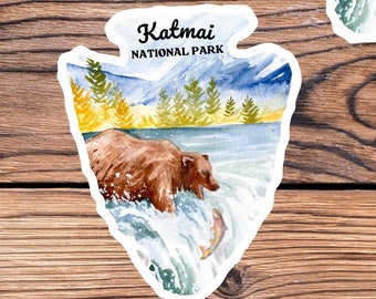 Katmai National Park Sticker: Alaska Fat Bear & Salmon Decal