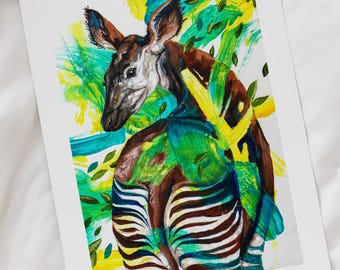 Lámina artística de okapi, animal en peligro de extinción, pintura al óleo sobre fauna silvestre