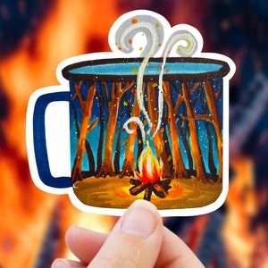 Adesivo para caneca de esmalte para acampamento, caneca de esmalte azul, adesivo para fogueira, presente de viagem, adesivo para garrafa de água, decalque para porta-malas de acampamento, adesivo de aventura