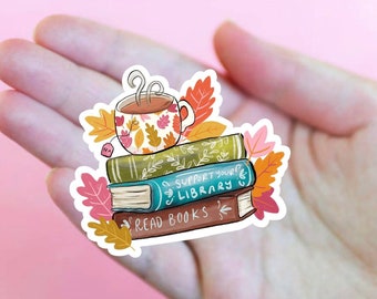 Fall Book Sticker, Librarian Gift, Bookworm, Gift For Reader, Book & Coffee Mug, Drink Tea Read Books, Kindle Decal, Spooky Bookish Stickers
