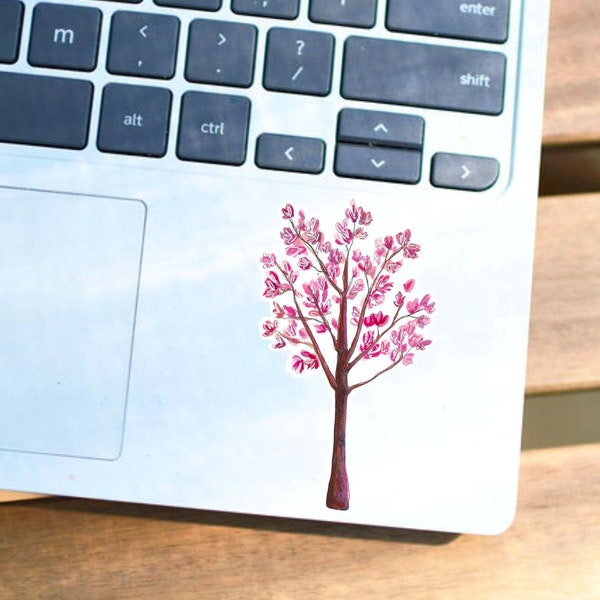 Pink Cherry Blossom Tree Sticker - Gardening Gift, Japanese Magnolia Tree Vinyl Decal for Water Bottle, Laptop, Car, Nature Sticker