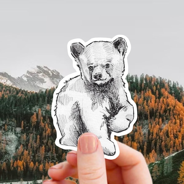 Black & White Bear Cub Vinyl Sticker: Waterproof Laptop Decal