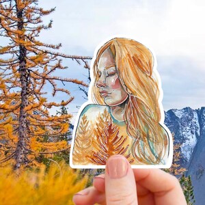 Fall Girl Vinyl Sticker - Autumn Leaves Nature Decal, Maple Tree, Granola Girl Aesthetic, Hiker Gift, Camping Decal, Larch Tree