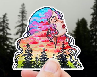 Rainbow Tree Sticker - Nature Sticker for Women, Forest Mountain Sticker for Water Bottle, Laptop, Outdoor Hiking Exploring Car Decal