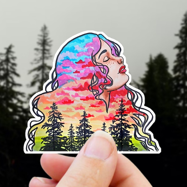Rainbow Tree Sticker - Nature Sticker for Women, Forest Mountain Sticker for Water Bottle, Laptop, Outdoor Hiking Exploring Car Decal