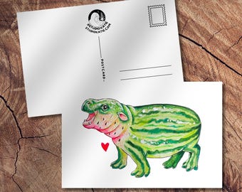 Watermelon Hippo Postcard or Greeting card, Zoo Party Invitation, Wildlife Art, Pygmy Hippo