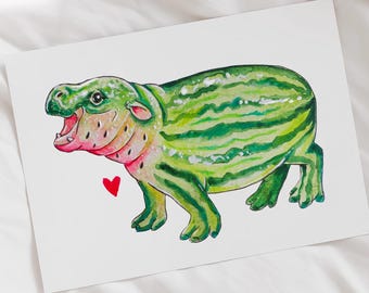 Watermelon Hippo ART, Pygmy Hippo, Nursery Animal Wall Art, Wildlife Painting