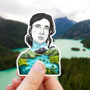 Adesivo de montanha, adesivo de vinil de pinheiro, adesivo de floresta, garota de montanha, adesivo de Washington, decalque de garrafa de água, Lago Diablo, Cascata Norte