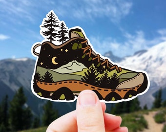 Hiking Boot Sticker - Mountain Vinyl Sticker, Backpacking Decal, Hiker Sticker, Camping Decal, Granola Girl Aesthetic, Gorpcore