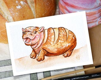 Brotchen Hippo Art, Pygmy Hippo, Nursery Animal Wall Art, Wildlife Painting