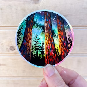 Adesivo olografico a forma di pino, adesivo da campeggio, adesivo per laptop, adesivo in sequoia, adesivo foresta, adesivo cielo notturno, regalo per amanti della natura