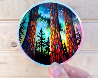 Sticker holographique pin, Sticker camping, Sticker pour ordinateur portable, Sticker séquoia, Sticker forêt, Sticker ciel nocturne, cadeau pour amoureux de la nature