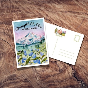 Cartão postal do Parque Nacional Wrangell-st Elias, pôster de viagem vintage, cruzeiro no Alasca, cartões postais do Alasca, arte em aquarela, Anchorage AK