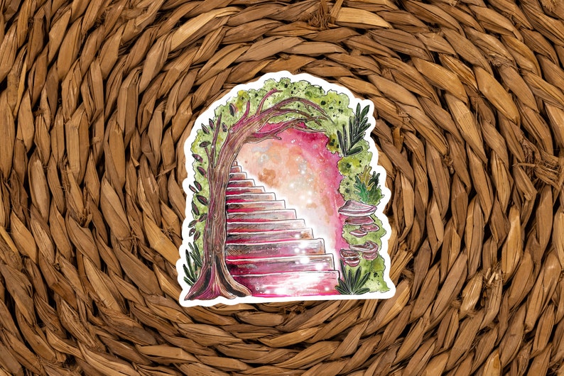 May include: A whimsical sticker featuring a watercolor illustration of a staircase leading into a magical portal. The stairs are a reddish-brown, framed by a tree and lush greenery. Mushrooms and a starry sky add to the fantasy theme.